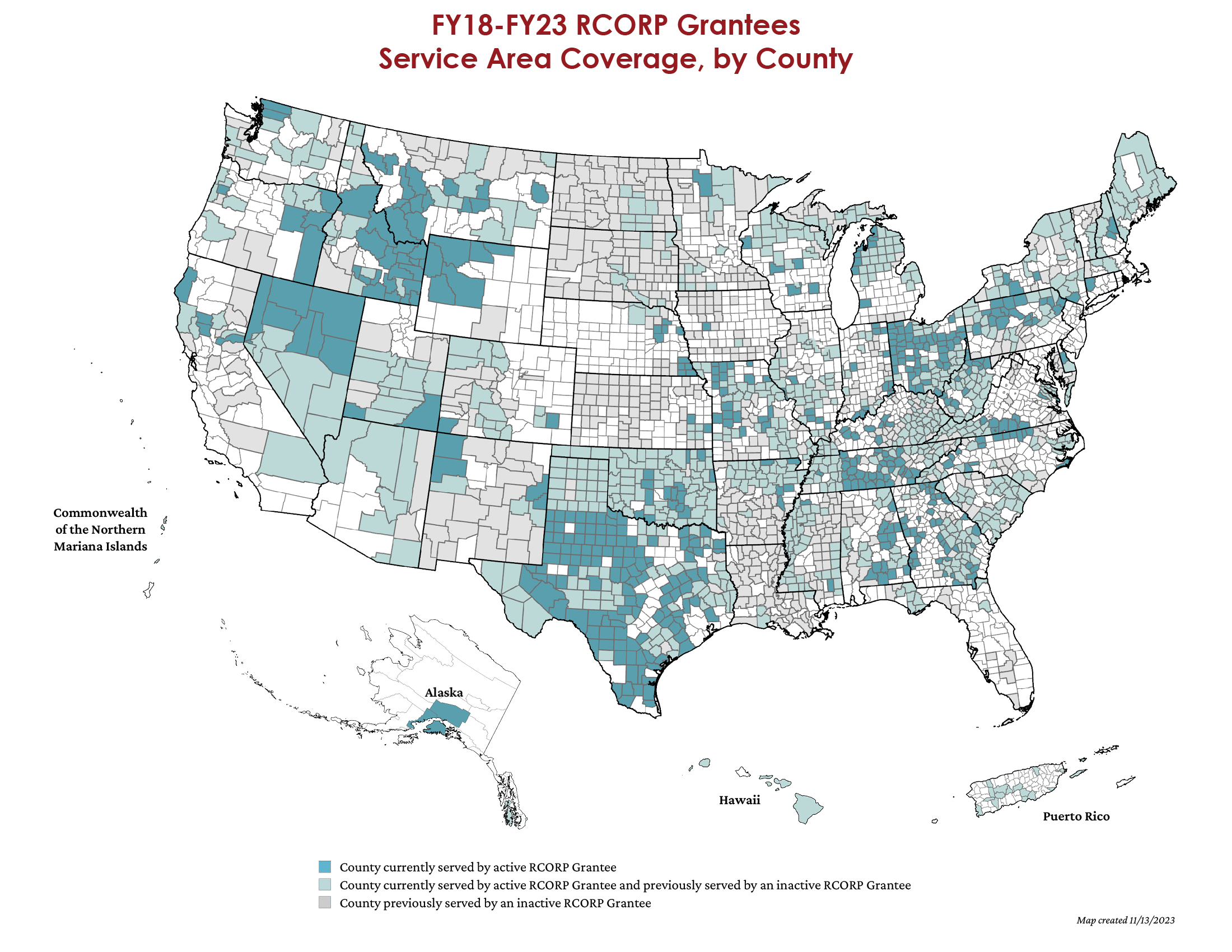 USA map showing location of grantees for fiscal years 18 through 2023