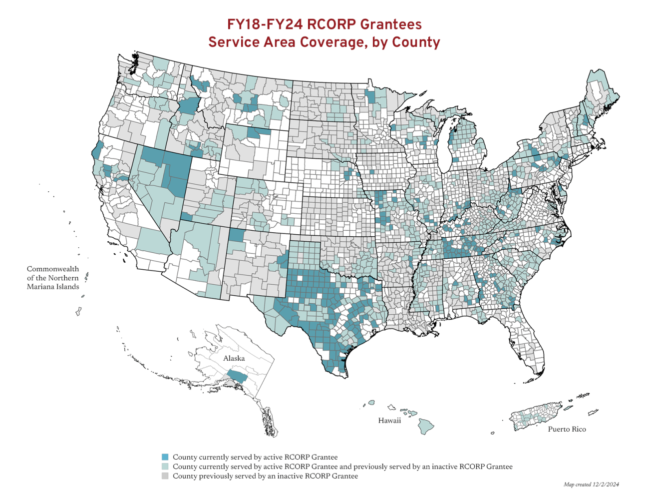 USA map showing location of grantees for fiscal years 18 through 2024