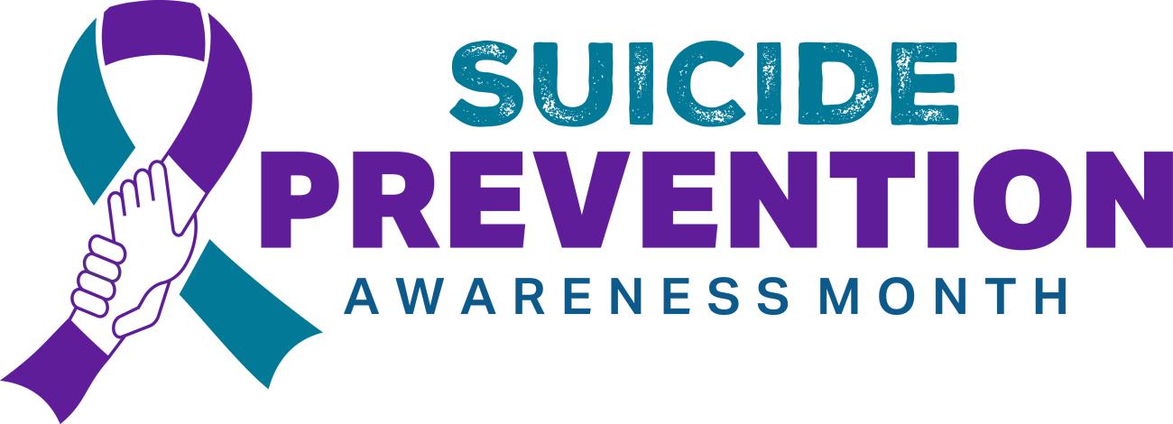 Teal and purple awareness ribbon with text for suicide prevention awareness month.